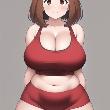 my hero academia, ochako uraraka, nai diffusion, stable diffusion, blush, brown eyes, brown hair, cleavage, female, gym uniform, thick thighs, wide hips, ai generated