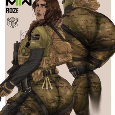 call of duty, modern warfare, roze (cod), sekushimagik, 1girls, alternate skin color, ass, black hair, brunette, caucasian, dark hair, female, light-skinned female, light skin, military