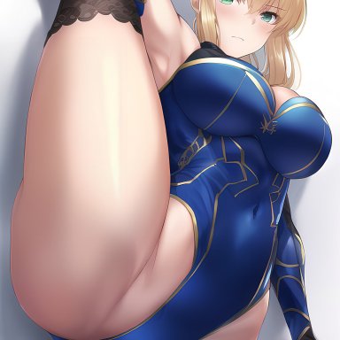 fate/grand order, fate/stay night, fate (series), artoria pendragon, artoria pendragon (all), artoria pendragon (fate), artoria pendragon (lancer), nai diffusion, stable diffusion, 1girls, ahoge, arm on leg, arm raised, arm stockings, arm up