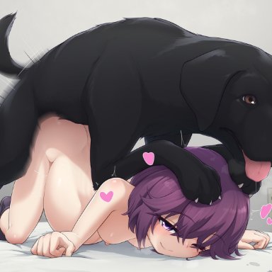 machikado mazoku, yoshida ryouko, akai (riaakai), bangs, big belly, canine, female, happy sex, heart, nipples, nude, pink eyes, pregnant, purple hair, sex