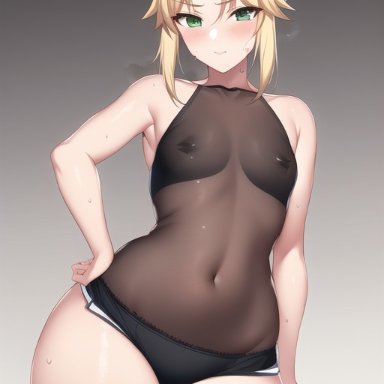 fate/apocrypha, fate/grand order, fate (series), mordred (fate), nai diffusion, stable diffusion, 1girls, blonde hair, booty shorts, breasts, female, green eyes, hips, light-skinned female, light skin