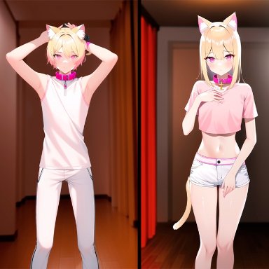 mm tfs, nai diffusion, stable diffusion, ass expansion, before and after, blonde hair, breast expansion, cat ears, catgirl, collar, corruption, crop top, gender transformation, glowing eyes, hair growth