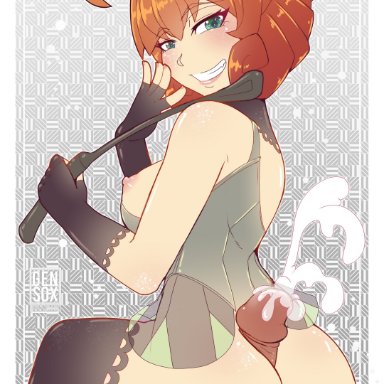 rwby, penny polendina, genso-x, buttjob, covered buttjob, cum, cum between ass, cumshot, dominant female, dominatrix, female, green eyes, male, orange hair, penis