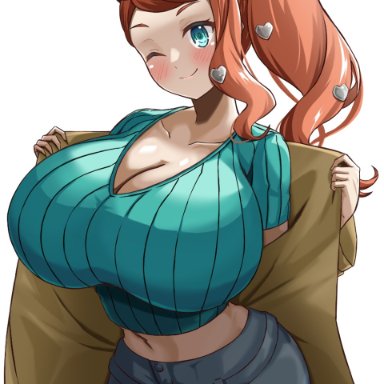 game freak, nintendo, pokemon, pokemon ss, sonia (pokemon), hizakake, 1girls, alternate breast size, aqua eyes, breasts, cleavage, clothed, clothed female, female, female only