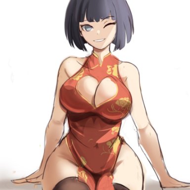 boruto: naruto next generations, naruto, naruto (series), shounen jump, hyuuga hinata, rakeemspoon, 1girls, asian, asian female, bare arms, bare shoulders, bare thighs, belly button, big breasts, black legwear