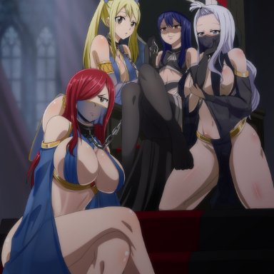 fairy tail, erza scarlet, lucy heartfilia, mirajane strauss, wendy marvell, the amazing gambit, 4girls, belly dancer, belly dancer outfit, blonde hair, blue eyes, blue hair, blush, brown eyes, chain leash