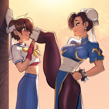 capcom, street fighter, chun-li, sakura kasugano, artist request, blush, bullying, dominant female, kabedon, leg up, teasing, thick thighs, yuri