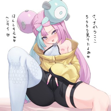 pokemon, pokemon (game), pokemon sv, gym leader, iono (pokemon), mizuongaku, aqua hair, bangs, bare shoulders, blush, breasts, cameltoe, character hair ornament, female, hair ornament