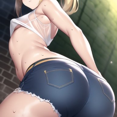 fate/apocrypha, fate/grand order, fate (series), mordred (fate), nai diffusion, stable diffusion, 1girls, alternate breast size, ass, back, back view, blonde hair, booty shorts, breasts, bubble butt