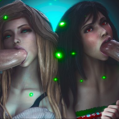 final fantasy, final fantasy vii, final fantasy vii remake, aerith gainsborough, tifa lockhart, jjjjd, 2boys, 2girls, ball fondling, bangs, big penis, big testicles, black hair, blowjob face, brown hair