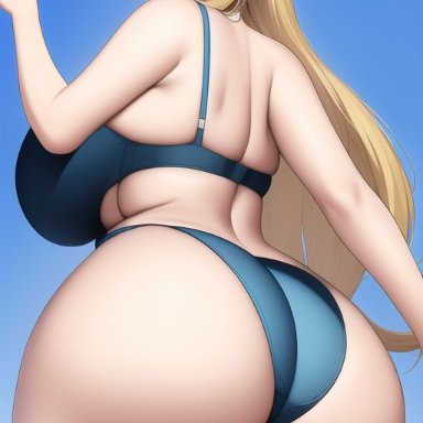 metroid, samus aran, nai diffusion, stable diffusion, ass focus, blonde hair, blue bikini, blue eyes, gigantic ass, huge ass, huge breasts, long hair, looking at viewer, seductive smile, shiny hair