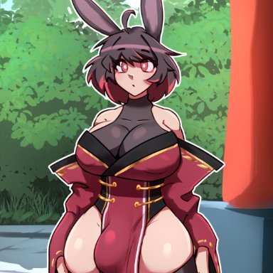 original character, sunk118, 1futa, animal ears, big breasts, big hips, big penis, breasts, brown hair, bulge, bulge through clothing, bunny ears, bunny girl, clothed, clothing