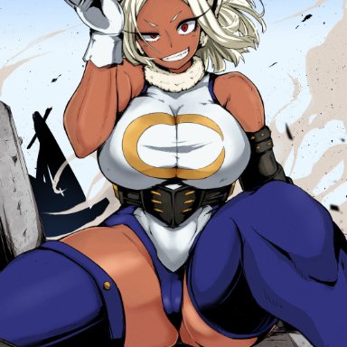 my hero academia, miruko, rumi usagiyama, kuchiparubi, breasts, bunny ears, bunny girl, cameltoe, crazy eyes, dark-skinned female, eyelashes, huge breasts, huge thighs, leotard, looking at viewer