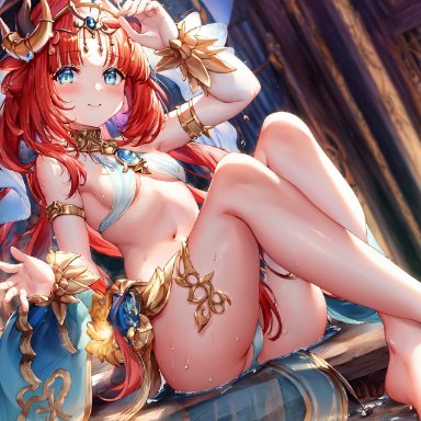 genshin impact, nilou (genshin impact), nai diffusion, stable diffusion, 1girls, belly dancer, belly dancer outfit, blue eyes, blush, breasts, feet, female, female only, horns, jewelry