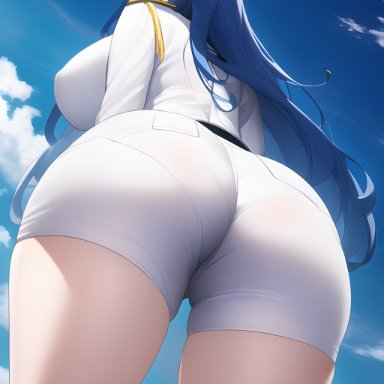 goddess of victory: nikke, helm (nikke), nai diffusion, stable diffusion, ass, ass focus, blue eyes, blue hair, blush, breasts, embarrassed, female, from behind, from below, hat