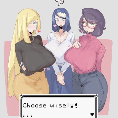 game freak, pokemon, pokemon sm, lana's mother (pokemon), lusamine (pokemon), wicke (pokemon), leebongchun, 3girls, big breasts, black shirt, blonde hair, blue eyes, blue hair, blue pants, bottomwear