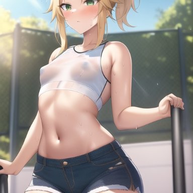 fate/apocrypha, fate/grand order, fate (series), mordred (fate), nai diffusion, stable diffusion, 1girls, blonde hair, booty shorts, breasts, female, green eyes, hips, light-skinned female, light skin