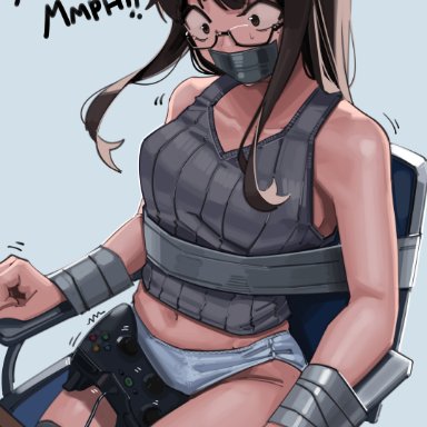 oc, original character, harris hero, 1girls, bondage, bound, brown eyes, brown hair, chair, controller, desk, gag, gagged, gagged speech, game controller