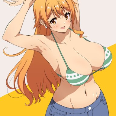 one piece, nami, nami (one piece), kojirou!, 1girls, armpits, arms up, bangle, bangs, bare shoulders, belly, belly button, big breasts, bikini, bikini top only