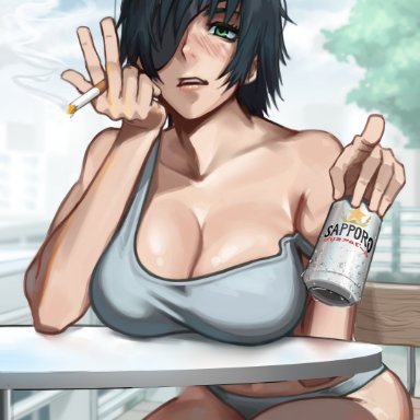 chainsaw man, shounen jump, himeno (chainsaw man), hkart, 1girls, beer, beer can, beer mug, big breasts, black hair, blush, blushing, boyish, breasts, busty