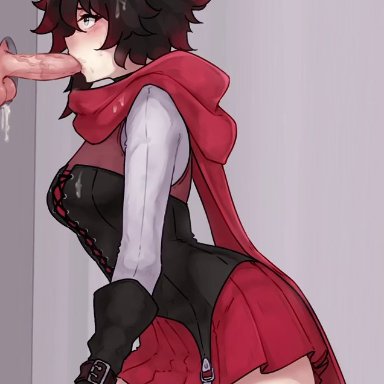 rwby, ruby rose, bluefield, 1boy, 1girls, blowjob, breasts, cape, cloak, clothed, clothed female, female, glory hole, kneeling, large breasts
