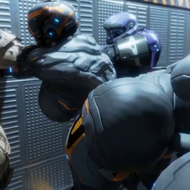halo (series), female spartan (halo), spartan (halo), reresfm, 1futa, 3girls, against wall, ass, big ass, big breasts, breasts, clothed, clothing, female, fully clothed