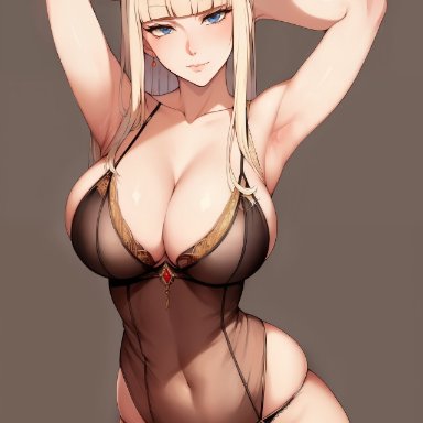 original, nai diffusion, stable diffusion, 1girls, armpits, arms above head, big breasts, blonde hair, blue eyes, breasts, curvy female, curvy figure, earrings, female, female only