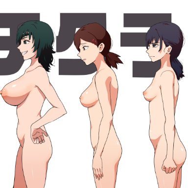 chainsaw man, shounen jump, higashiyama kobeni, himeno (chainsaw man), makima (chainsaw man), mitaka asa, power (chainsaw man), puyo momo, 5girls, big breasts, blonde hair, breast size comparison, comparing breasts, completely nude, eyepatch