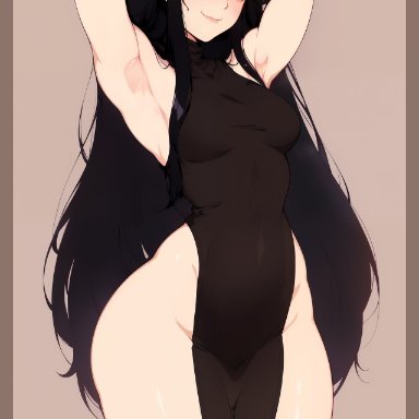 original, original character, nai diffusion, stable diffusion, 1girls, armpits, black hair, female, female only, hands behind head, long hair, showing armpits, solo, thick thighs, ai generated