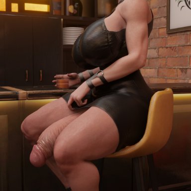 the witcher (series), triss merigold, slow (artist), 1futa, alcohol, bar chair, big breasts, bottomless, clothed, clothing, dress, futa only, futanari, human, large penis