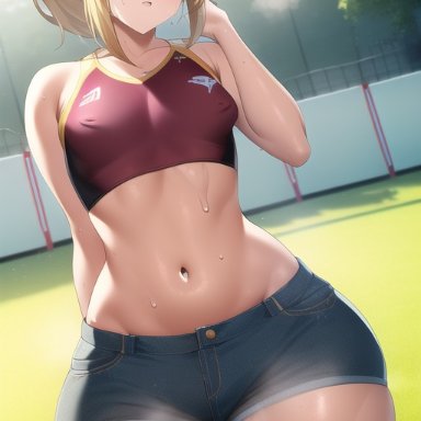 fate/apocrypha, fate/grand order, fate (series), mordred (fate), nai diffusion, stable diffusion, 1girls, blonde hair, booty shorts, breasts, female, green eyes, hips, light-skinned female, light skin