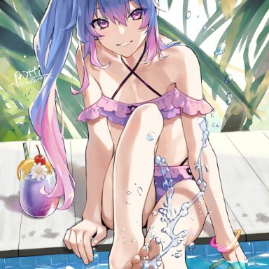 original, potti-p, 1boy, arm support, bangs, barefoot, bikini, blue hair, blush, bracelet, cherry, crossdressing, cup, dorsiflexion, drinking glass