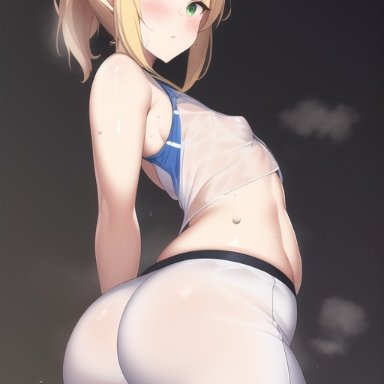 fate/apocrypha, fate/grand order, fate (series), mordred (fate), nai diffusion, stable diffusion, 1girls, alternate breast size, ass, ass in dress, back, back view, blonde hair, breasts, bubble butt