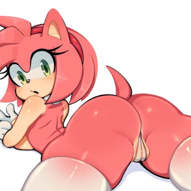 sega, sonic (series), sonic the hedgehog (series), amy rose, ichig8miruku (artist), 5 fingers, accessory, anthro, ass, biped, black nose, bodily fluids, breast squish, breasts, camel toe