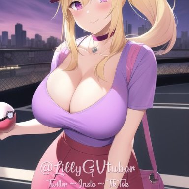 pokemon, lilly gracie, lillygvtuber, nai diffusion, stable diffusion, 1girls, baseball cap, big breasts, blonde hair, bow, breasts, busty, cleavage, clothed, clothed female