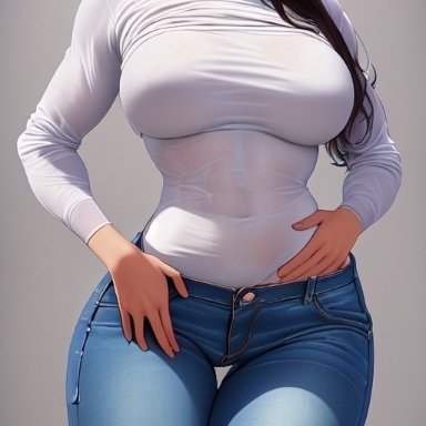 original, nai diffusion, stable diffusion, 1girls, breasts, brown eyes, brown hair, female, female only, hourglass figure, jeans, large breasts, long hair, see-through, simple background