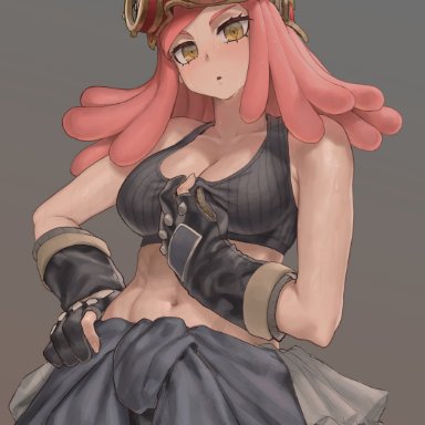 my hero academia, mei hatsume, abs, cleavage, goggles, joshirah, pink hair, sports bra, sweat, sweating, symbol-shaped pupils