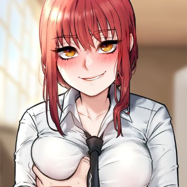 chainsaw man, makima (chainsaw man), blushypixy, blushyspicy, 1girls, clothed, formal attire, hand on breast, lip biting, looking at viewer, looking pleasured, orange eyes, red hair, seductive look, seductive smile
