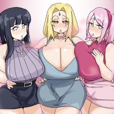 naruto, naruto (series), hyuuga hinata, sakura haruno, tsunade, leebongchun, 3girls, belt, big breasts, blonde hair, blush, bottom lip, bottomwear, breasts, brown eyes