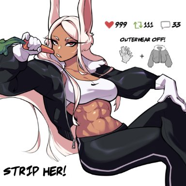 my hero academia, miruko, rumi usagiyama, moiyablochki, 1girls, abs, bra, breasts, bunny ears, carrot, dark-skinned female, dark skin, eyelashes, female focus, female only