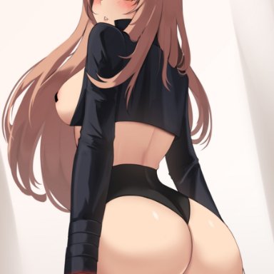 goddess of victory: nikke, rapi (nikke), hioyami, 1girls, ass, back, back view, breasts, brown eyes, brown hair, bubble butt, cropped jacket, female, hat, hips