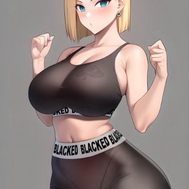 blacked, dragon ball, android 18, nai diffusion, stable diffusion, 1girls, big breasts, blacked clothing, blonde hair, blue eyes, blush, breasts, cheating, cheating wife, cleavage