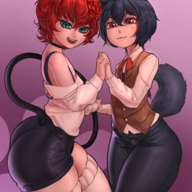 character request, ourobot, sia mofu, 2boys, aqua eyes, ass, big ass, cat ears, cat tail, dog ears, eye contact, femboy, fully clothed, hand holding, humanoid