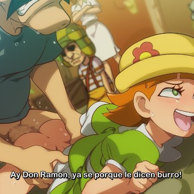 el chavo del ocho, chavo, don ramon, paty, quico, jcm2, 1girl2boys, ahe gao, alien, blush, doggy style, green eyes, netorare, ntr, older male