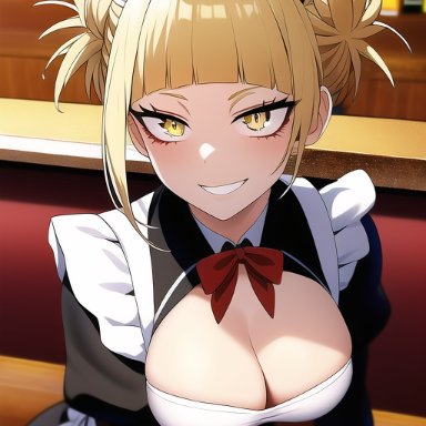 my hero academia, himiko toga, nai diffusion, stable diffusion, bar, big breasts, blonde hair, breasts, cleavage, looking at viewer, maid, maid apron, maid headdress, maid uniform, pigtails