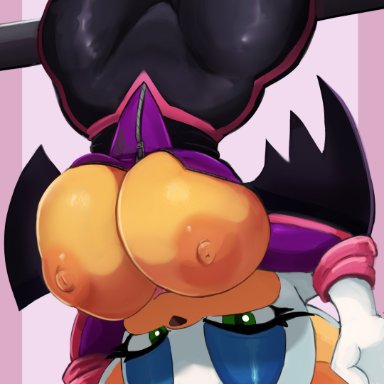 sega, sonic (series), sonic the hedgehog (series), rouge the bat, cranihum, 1girls, anthro, bat, bedroom eyes, big breasts, bodysuit, breasts, breasts out, busty, chiropteran