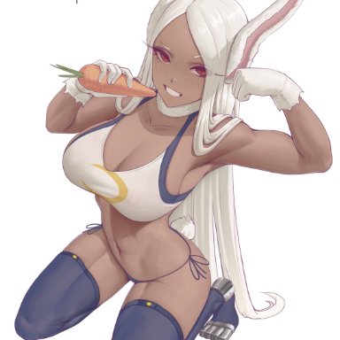 my hero academia, miruko, rumi usagiyama, melowh, 1girls, animal ears, bare shoulders, big breasts, breasts, bunny ears, bunny tail, carrot, cleavage, clenched teeth, clothing