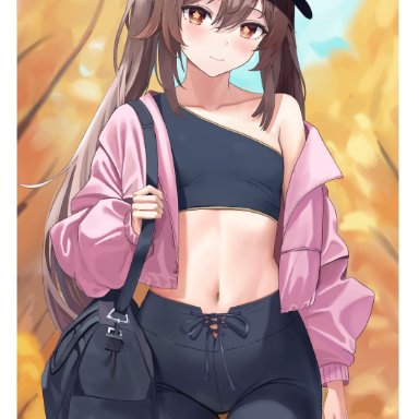 genshin impact, hu tao (genshin impact), chel (user mcme3455), 1girls, alternate costume, bare shoulders, baseball cap, belly, belly button, black headwear, black pants, blush, blush lines, blushing at viewer, breasts