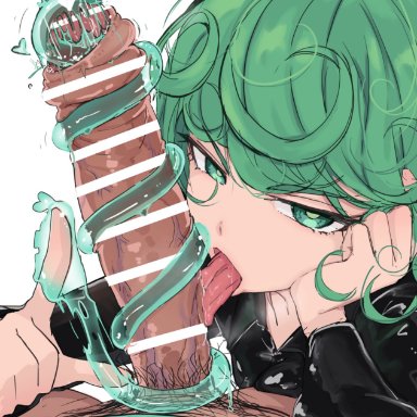 one-punch man, tatsumaki, shirabe shiki, 1boy, esper, fellatio, female, foreskin, green eyes, green hair, heart, licking, licking penis, looking at viewer, male pubic hair