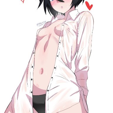 bleach, kuchiki rukia, taku34128, 1girls, almost naked, arms behind back, barely clothed, belly, belly button, black hair, black panties, blush, embarrassed, female, female only